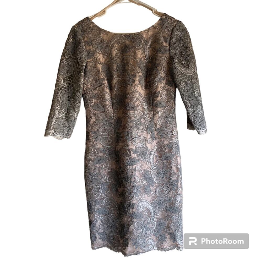 Eliza J Champagne Floral Overlay Half Sleeve Sheath Dress Size 6